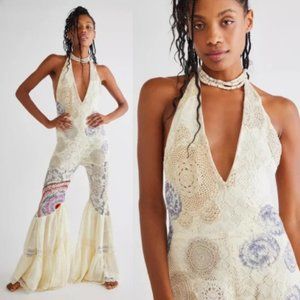 Free People Crochet Patchwork Vintage Flare Bell Wedding Jumpsuit One-Piece
